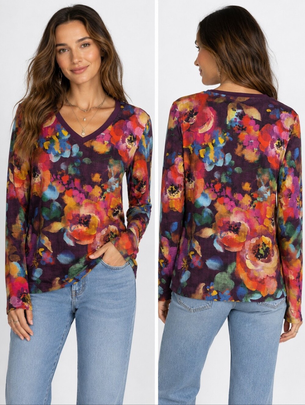 Johnny Was Floral V-Neck Long Sleeve Top Medium Watercolor Boho Stretch